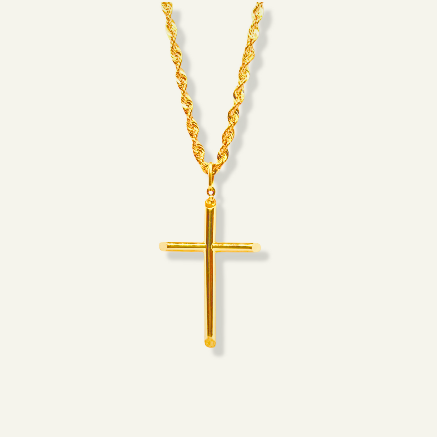 10k Cross pendent in 4mm rope chain, Yellow Gold Rope Diamond Cut Chain for men, Man wearing 14K gold diamond cut rope chain around neck, Woman layering multiple gold rope chains in different lengths, 4mm gold rope chain, goldnboys,