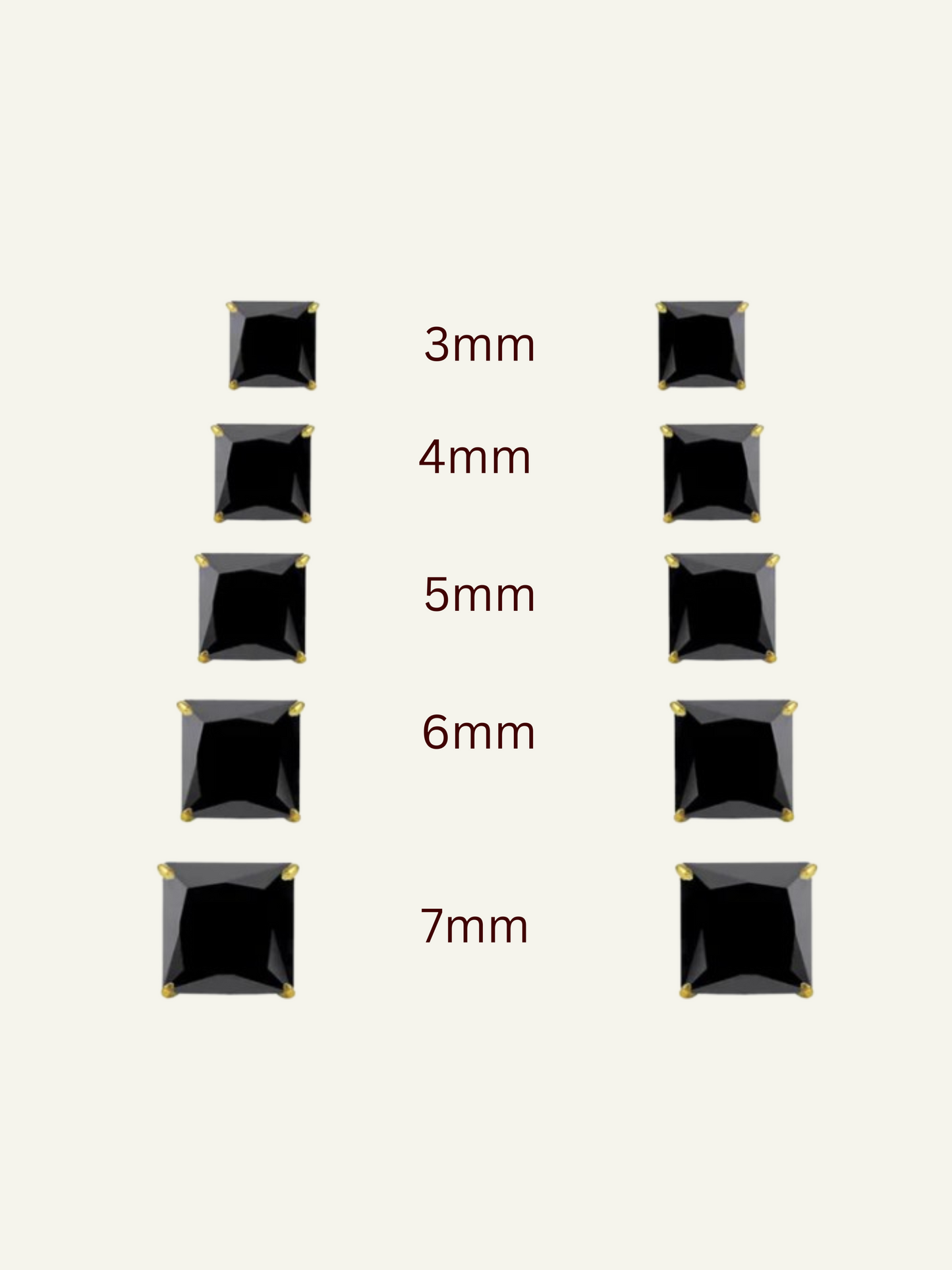 Black cubic zirconia square stud earrings in 14K gold with threaded backs., goldnboys, 14K yellow gold square black CZ stud earrings with screw-back posts. 2mm, 3mm, 4mm, 5mm, 6mm, 7mm, 8mm black cz studs, 2mm, 3mm, 4mm, 5mm, 6mm, 7mm, 8mm black cz 14k gold studs,