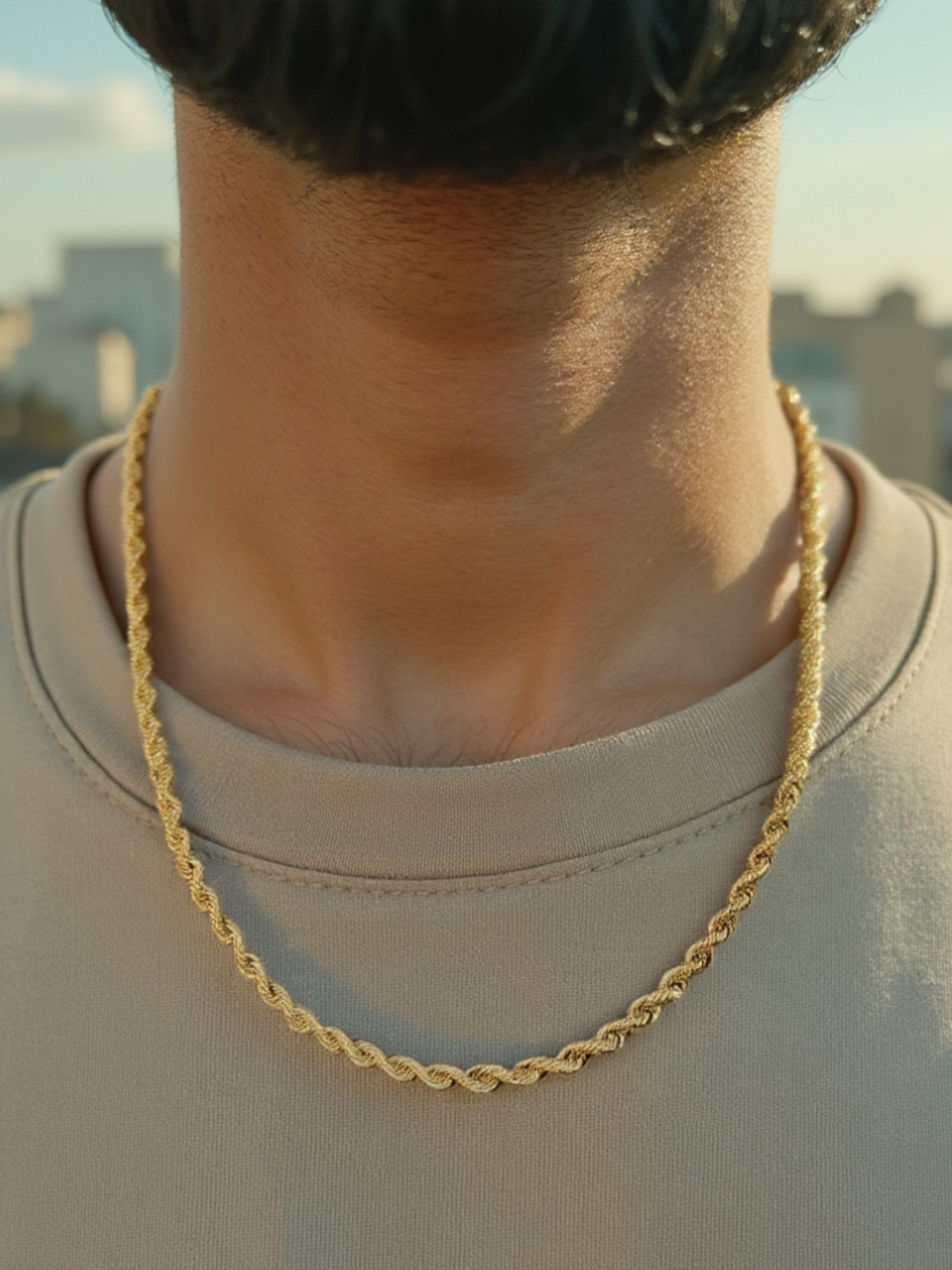 Yellow Gold Rope Diamond Cut Chain for men, Man wearing 14K gold diamond cut 4mm rope chain around neck, Woman layering multiple gold rope chains in different lengths, 4mm gold rope chain, goldnboys