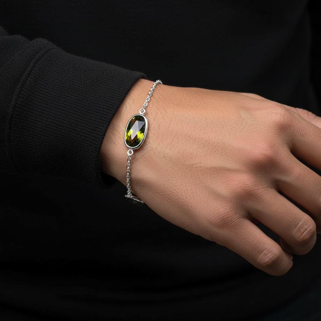 925 Sterling Silver 3 Multiple Color Oval CZ Bracelet, mens bracelet