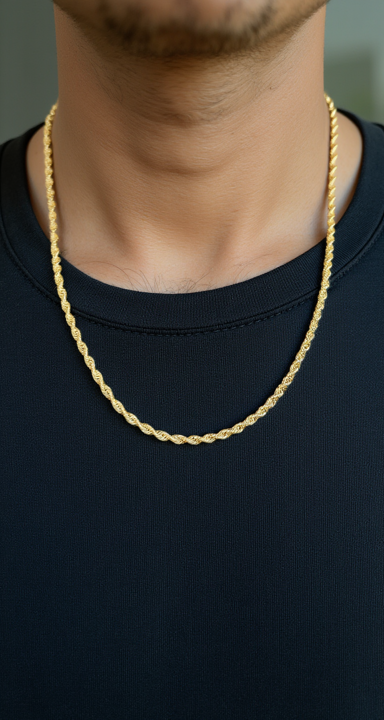 Yellow Gold Rope Diamond Cut Chain for men, Man wearing 14K gold diamond cut 4mm rope chain around neck, Woman layering multiple gold rope chains in different lengths, 4mm gold rope chain, goldnboys, 3.3mm gold rope chain, 4mm gold rope chai, 2.5mm gold rope chain.
