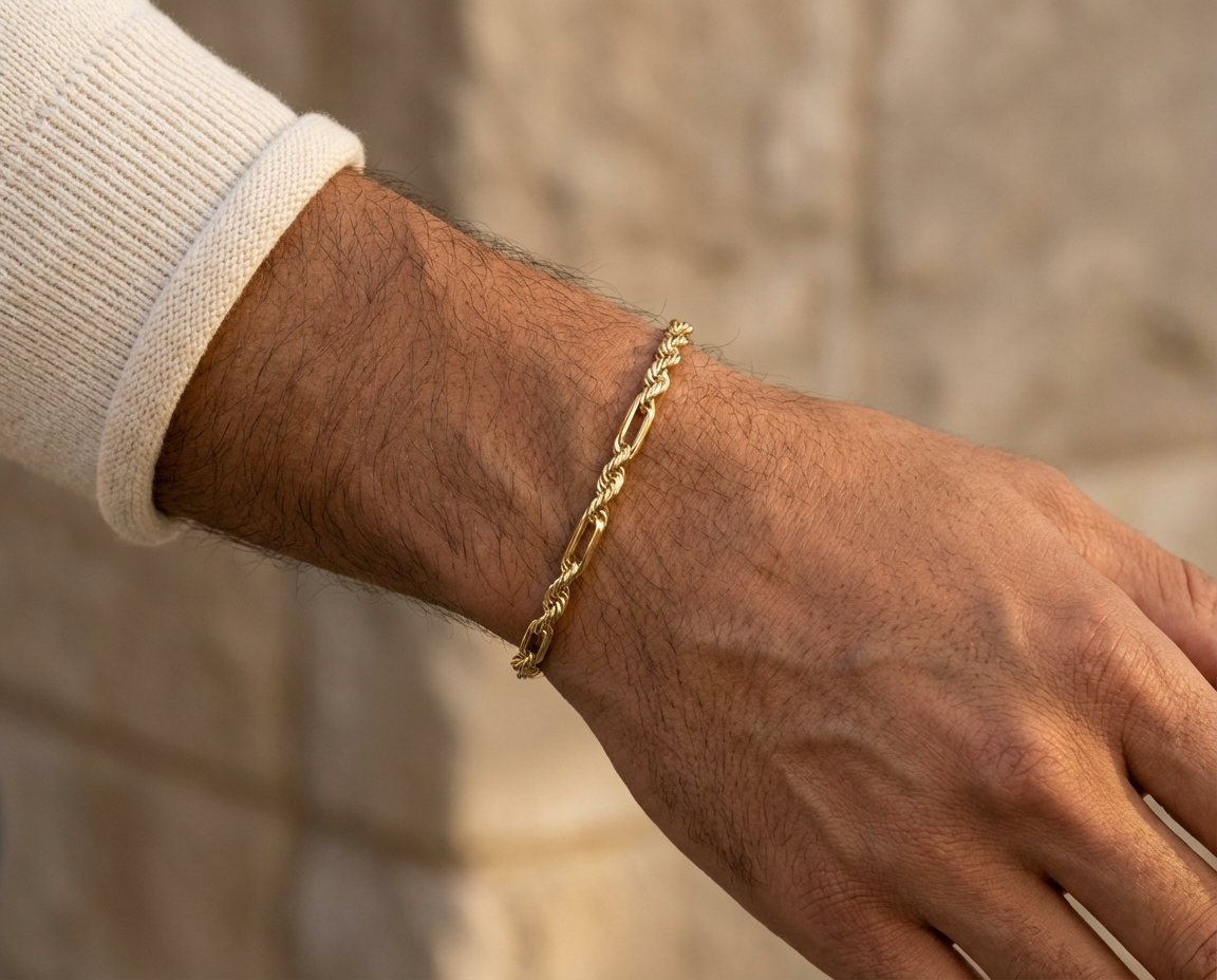 10K Yellow Gold Figarope Milano Chain Bracelet with lobster clasp, featuring a blend of Figaro and rope link styles, goldnboys. 
