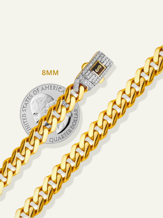 14K Hollow Monaco Curb With CZ Lock Chain necklace - 8.0mm & 11.5mm, Monaco gold bracelet men, Monaco gold bracelet women, unisex bracelet, goldnboys.com, goldnboys, thick bracelet for men, gold thick bracelet for women. 