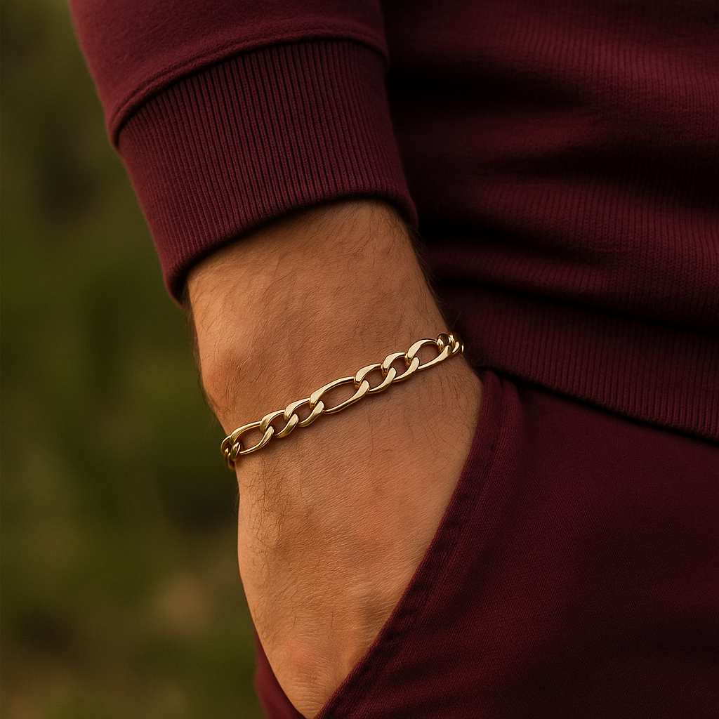 14K 8.3mm Hollow Figaro 3+1 Bevel 200, 14KY 8.3mm Hollow Figaro bracelet, mens bracelet, 14k gold bracelet men, hollow gold bracelet for men, firgar bracelet, unisex bracelet, goldnboys, goldnboys.com, real gold unreal prices.