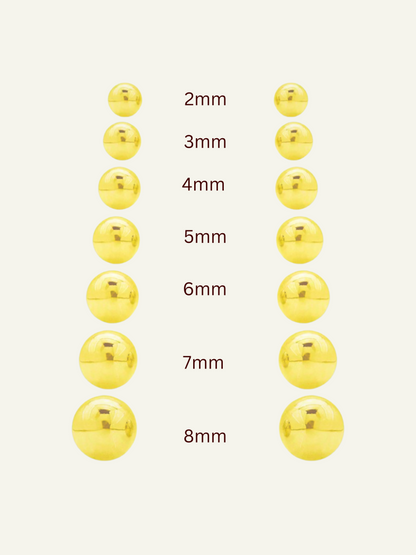 goldnboys, 14K Yellow Gold Ball Stud Earrings with secure screw-back closure, classic polished finish, Close-up of 14K yellow gold ball stud earrings with screw-back posts, Shiny 14K yellow gold ball earrings featuring secure screw-back design, Minimalist 14K gold stud earrings with polished round ball and threaded back, Pair of classic 14K yellow gold screw-back ball stud earrings on white background, Elegant 14K gold spherical stud earrings with screw-back fasteners for added security.