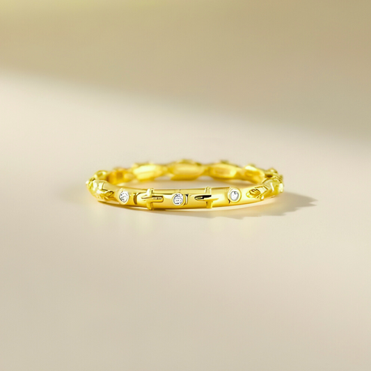 14K Yellow Gold CZ Mini Cross Rosary Eternity Band Ring, religious rings, rings for him, rings for father, rings for brother, fathers day gift, real gold rings, 14k gold rings, dainty rings, cross rings, thin cross ring, goldnboys, goldnboys.com, gift her her, faith ring, unisex rings, yellow gold rings, mini cross ring, daily wear ring, real gold ring