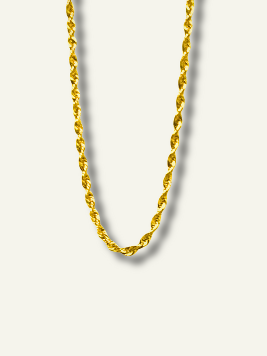 Yellow Gold Rope Diamond Cut Chain for men, Man wearing 14K gold diamond cut rope chain around neck, Woman layering multiple gold rope chains in different lengths, 4mm gold rope chain, goldnboys,