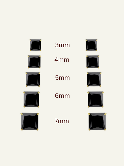Black cubic zirconia square stud earrings in 14K gold with threaded backs., goldnboys, 14K yellow gold square black CZ stud earrings with screw-back posts. 2mm, 3mm, 4mm, 5mm, 6mm, 7mm, 8mm black cz studs,  2mm, 3mm, 4mm, 5mm, 6mm, 7mm, 8mm black cz 14k gold studs,