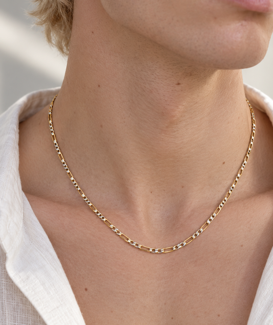 A close-up of a model's neck and upper chest wearing a delicate gold chain necklace with a white collared shirt.