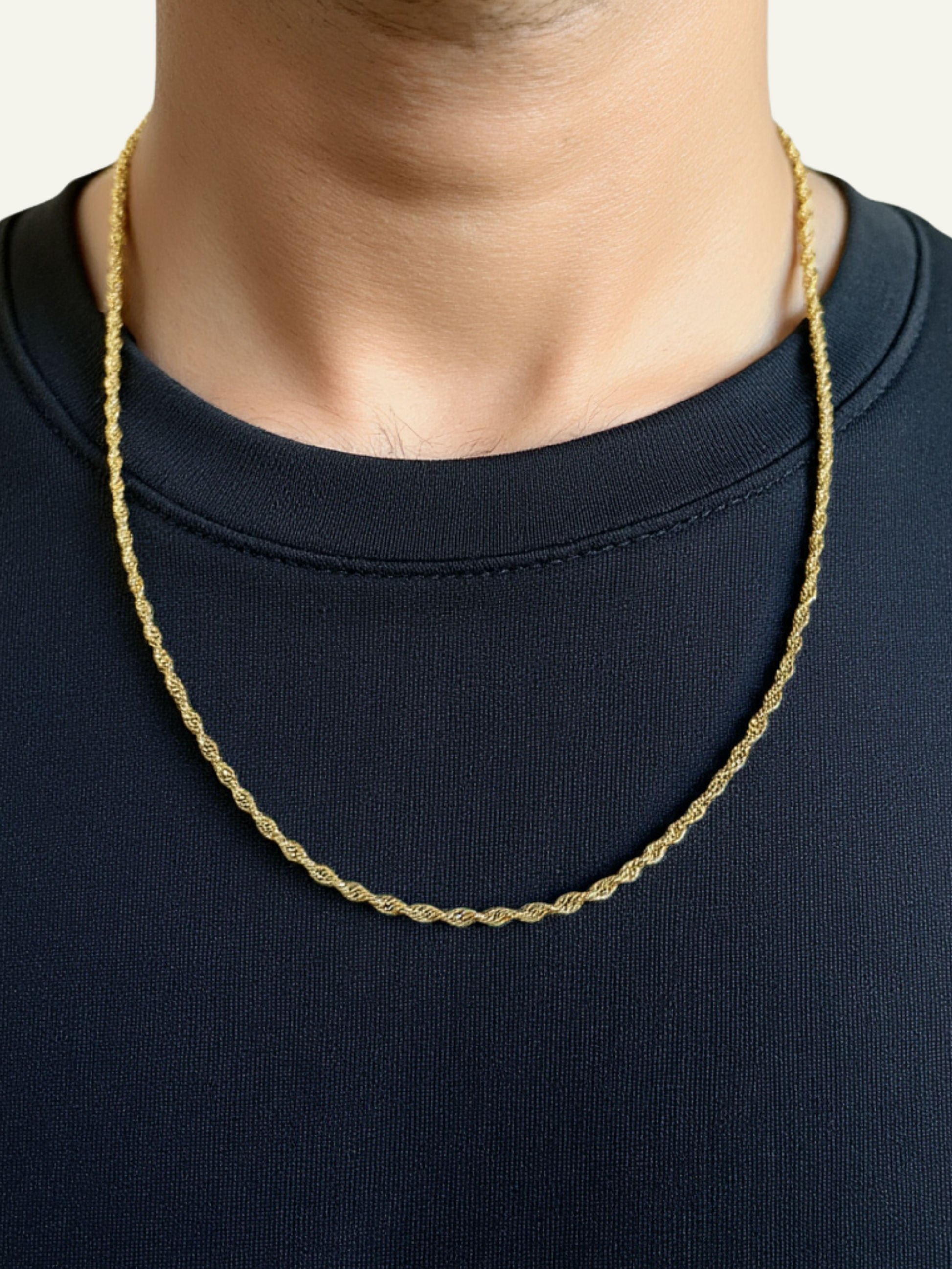 Yellow Gold Rope Diamond Cut Chain for men, Man wearing 14K gold diamond cut 3.3mm rope chain around neck, Woman layering multiple gold rope chains in different lengths, 4mm gold rope chain, goldnboys