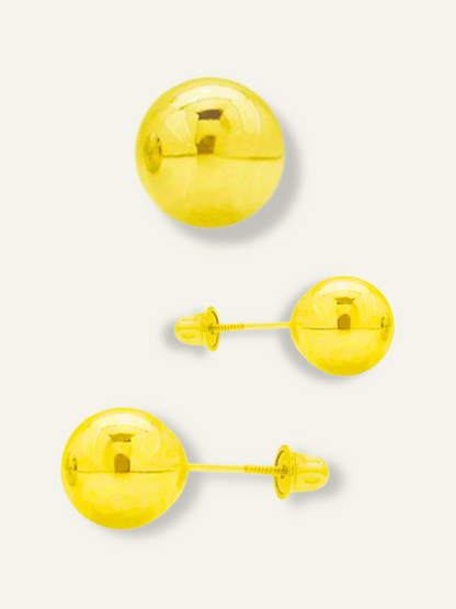 goldnboys, 14K Yellow Gold Ball Stud Earrings with secure screw-back closure, classic polished finish, Close-up of 14K yellow gold ball stud earrings with screw-back posts, Shiny 14K yellow gold ball earrings featuring secure screw-back design, Minimalist 14K gold stud earrings with polished round ball and threaded back, Pair of classic 14K yellow gold screw-back ball stud earrings on white background, Elegant 14K gold spherical stud earrings with screw-back fasteners for added security.