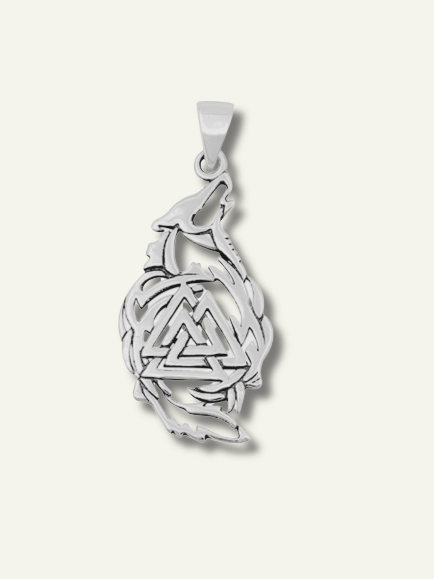 Silver Oxidized Valknut & Wolf Pendant