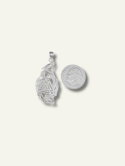 Silver Oxidized Valknut & Wolf Pendant