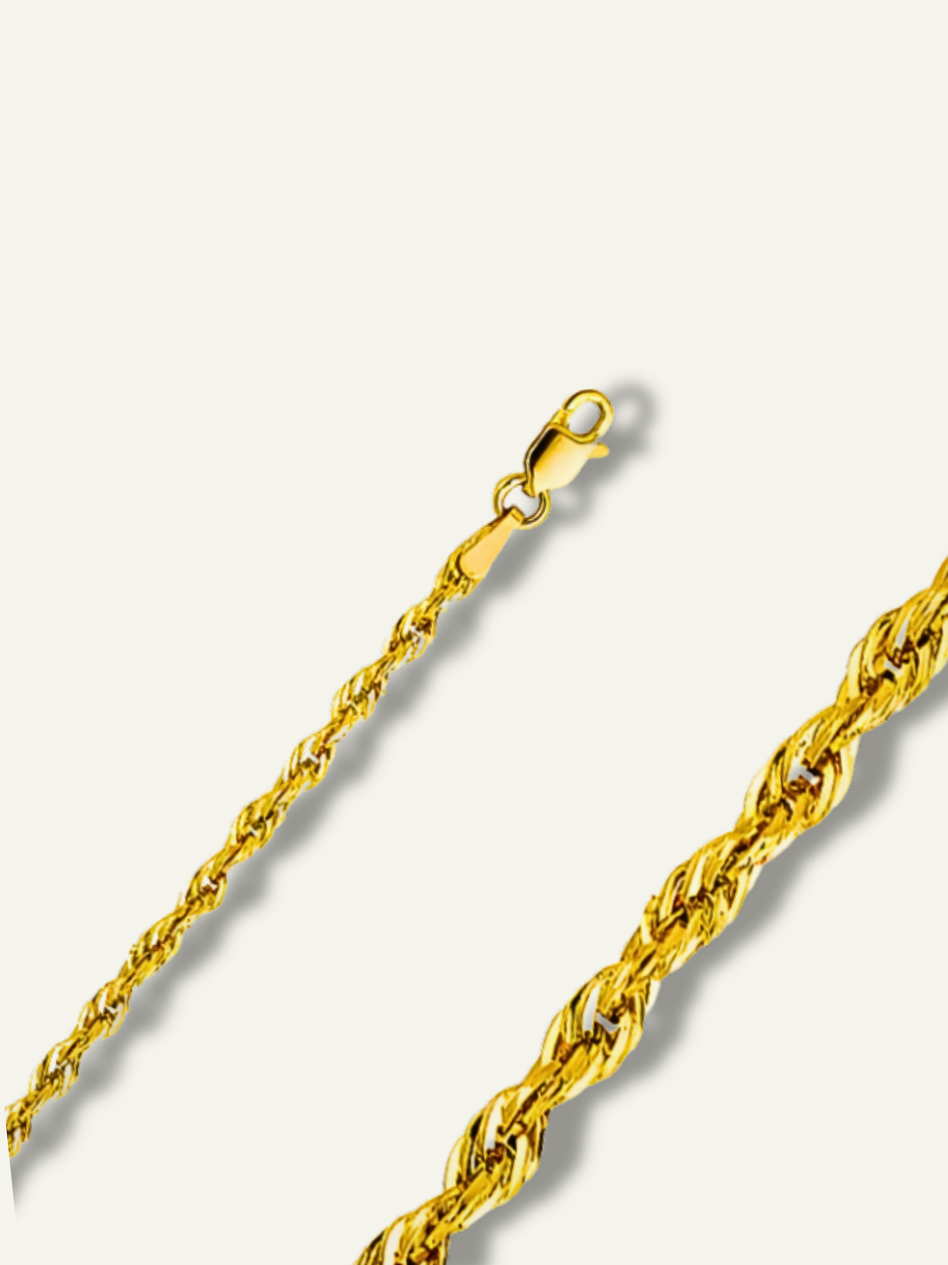 Yellow Gold Rope Diamond Cut Chain for men, Man wearing 14K gold diamond cut 4mm rope chain around neck, Woman layering multiple gold rope chains in different lengths, 4mm gold rope chain, goldnboys, 3.3mm gold rope chain, 4mm gold rope chai, 2.5mm gold rope chain.